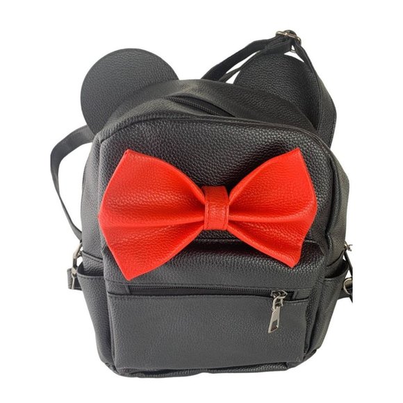 Black Vegan Leather Mini Backpack Ears Bow Adjustable Straps - Picture 2 of 8